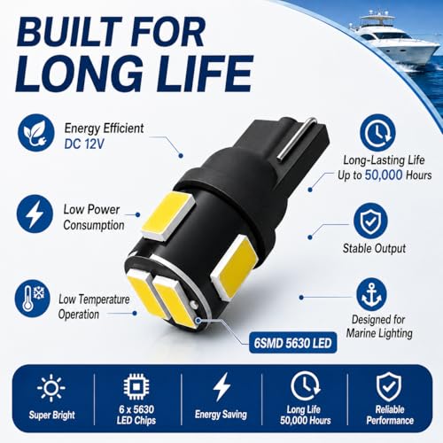 906 LED Boat Bulbs - T10 Wedge Base, 12V White 6000K, Pack of 4