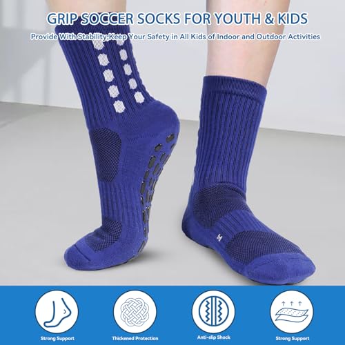 Kids Grip Soccer Socks - Cushioned Non-Slip Athletic Socks - Medium Black+White+Blue