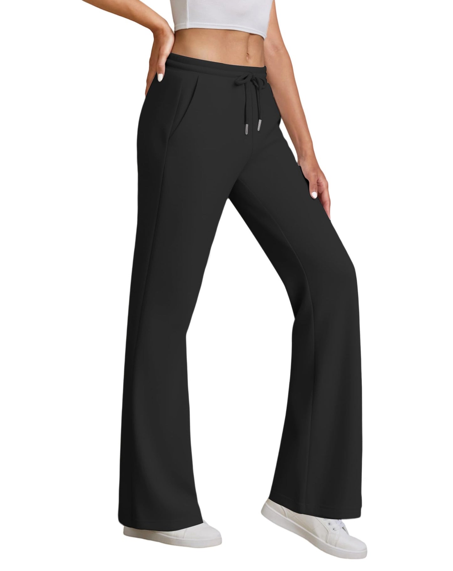 JEKAOYI Womens High Waisted Flared Sweatpants Drawstring Casual Lounge Lightweight Wide Leg Pants with Pockets Black
