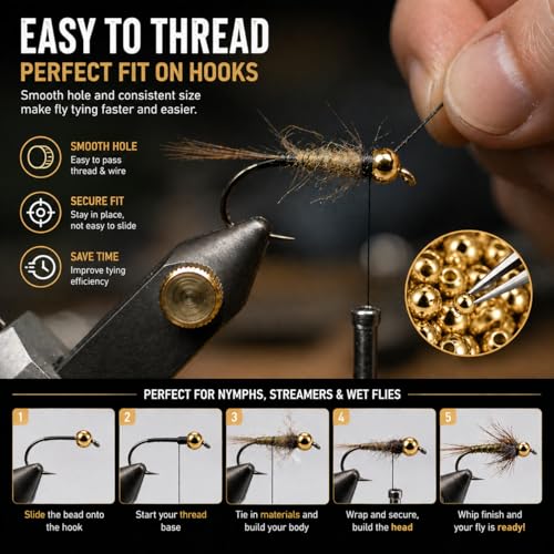 Brass Fly Tying Beads - 2.0mm Gold - 100PCS for Nymph Fishing