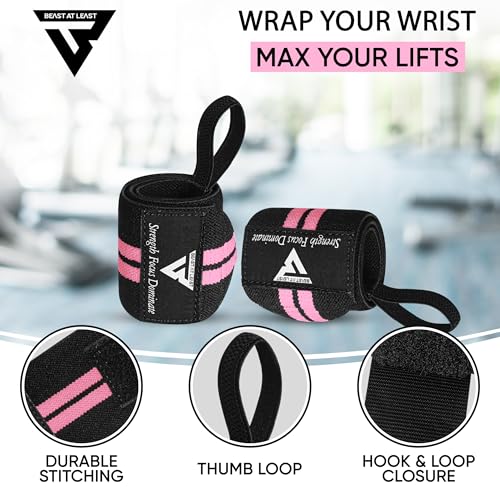 Beast 18” Cotton Wrist Wraps with Thumb Loop – Pink Weight Lifting Straps for Powerlifting