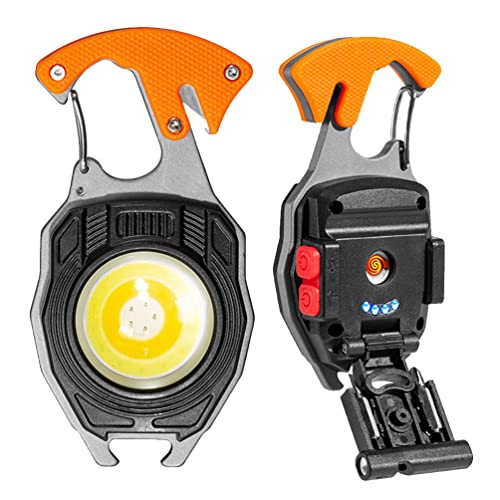 7-in-1 Multitool Keychain Flashlight - Rechargeable COB Light with Carabiner, Bottle Opener, Screwdriver, Magnetic Base - W5147-Orange