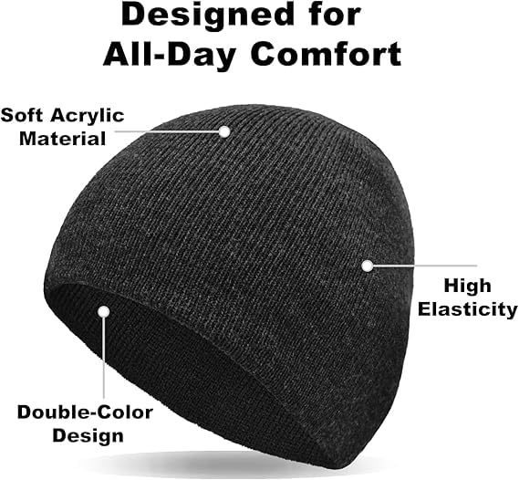 Reversible Beanie Knit Winter Hat for Men & Women - Black/Grey
