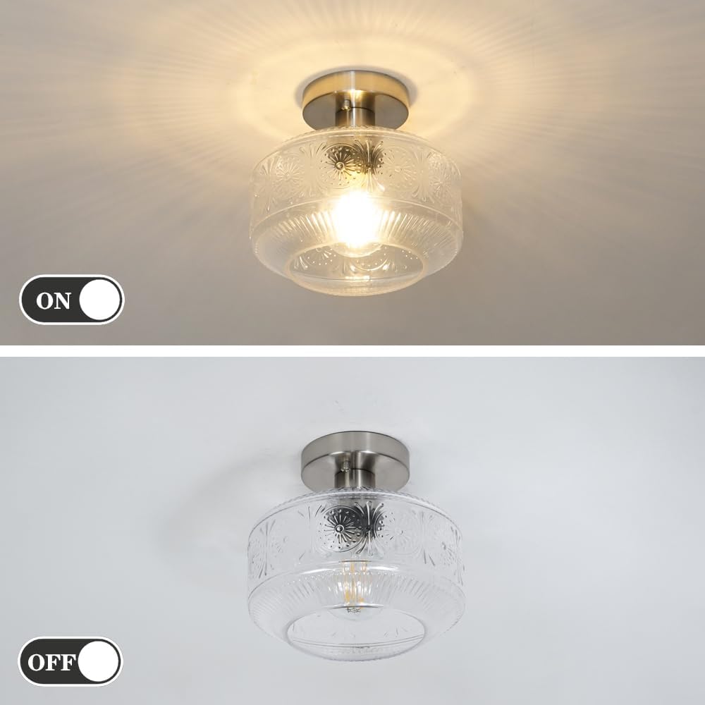 Vintage Semi Flush Mount Ceiling Light Fixture - Brass & Thickened Glass for Hallway, Entryway, Bedroom, Bathroom