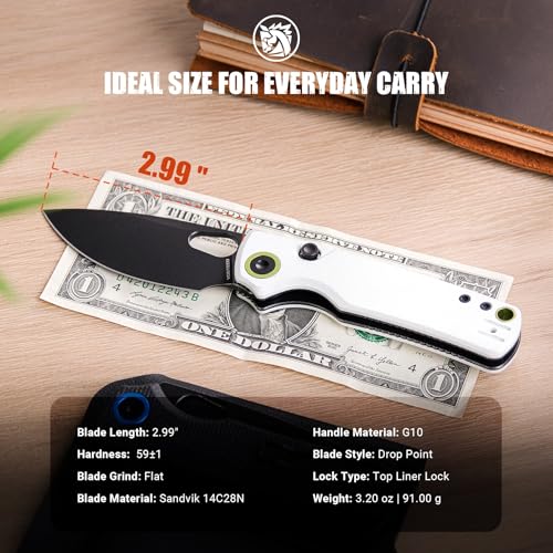 Vosteed Porcupine Folding Pocket Knife - G10 Handle, 2.99" 14C28N Steel, White G10-Black Stonewash, Liner Lock, Outdoor EDC