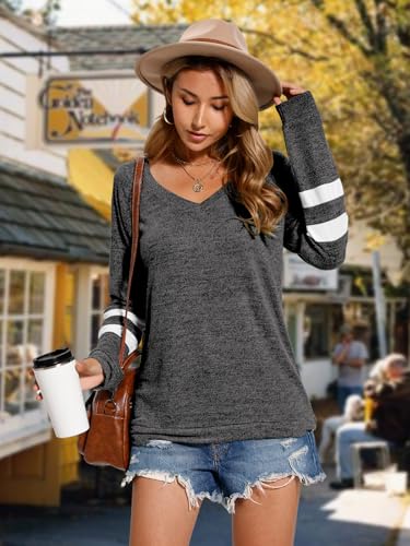 V-Neck Long Sleeve Sweatshirt - Women's Fall Fashion - L-Gray, X-Large