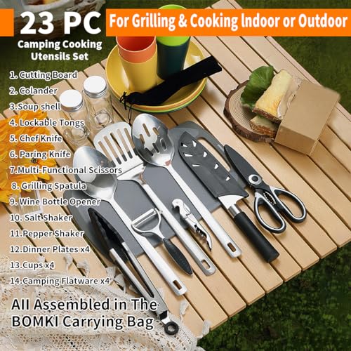 Camping Utensil Set – All-in-One Stainless Steel Cookware & Dinnerware for 4