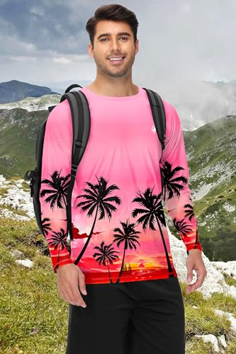 Mens Long Sleeve Swim Shirt - Quick Dry Sun Protection Rash Guard - X-Large Palm Pink