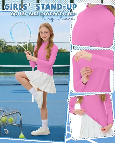 Kids' Long Sleeve Rash Guard Swimwear - UPF 50+, Mock Neck, 3 Pack - Pink, Gray, White | Ages 13-14