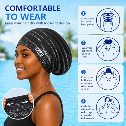Extra Large Waterproof Swim Cap for Long Hair - Black