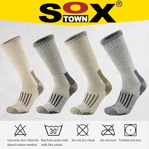 SOX TOWN Merino Wool Socks for Men Heavy Cushion Crew Outdoor Hiking 2 Pairs Large Mixcolor1