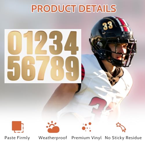 100 PCS Vinyl Sports Helmet Number Stickers, 1.5-Inch Waterproof Gold Numbers