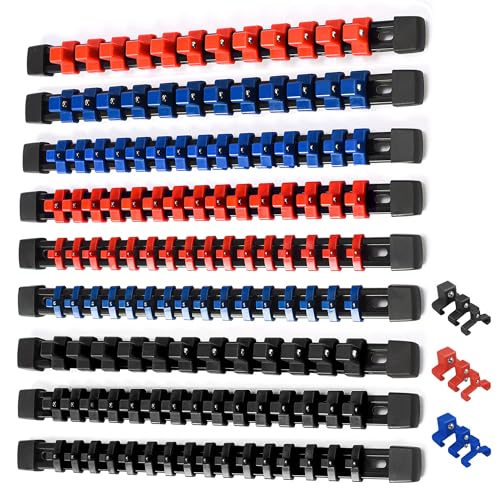 ALOANES 9PC ABS Socket Organizer, 1/2 inch, 3/8 inch and 1/4 inch Drive Socket Rail Holders, Heavy Duty Socket Racks, Black Rails with Red Blue Black Clips
