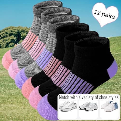 Girls Athletic Ankle Socks 12 Pairs, Black & Grey, 10-14 Years, Low Cut Casual Sportswear