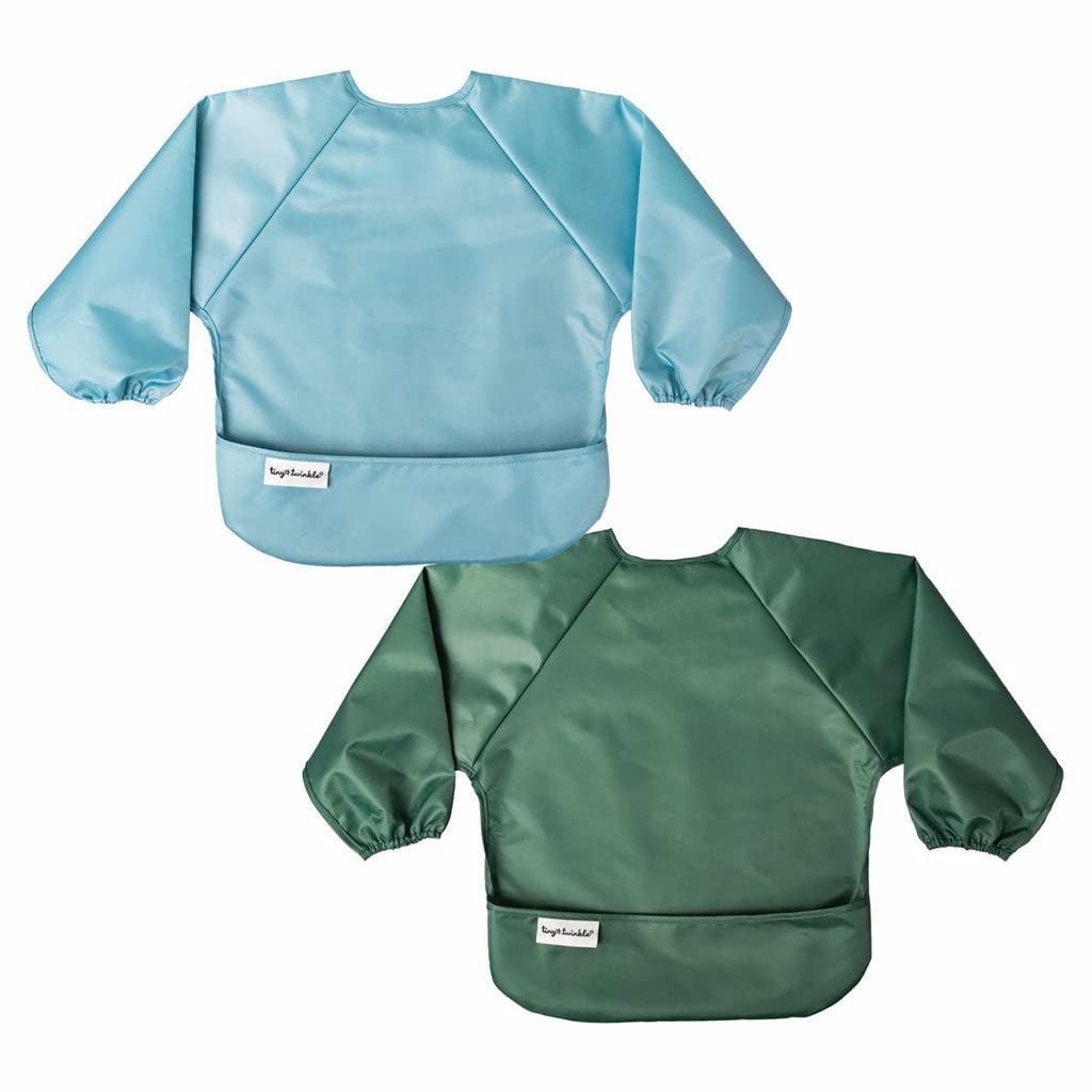 Tiny Twinkle Long Sleeve Bibs - 2-Pack Waterproof Smock Bibs for Mess-Free Eating | Machine Washable | Slate Olive, 6-24M