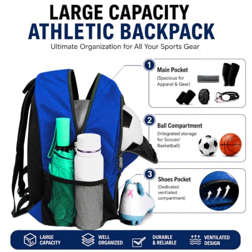 Rudmox Soccer & Basketball Backpack 30L Sports Equipment Bag with Shoes Compartment