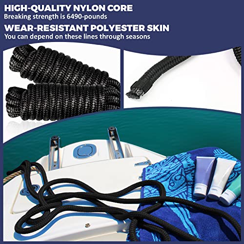 ACY Marine Double Braided Nylon Dock Line 1/2-Inch x 15 Feet Black - Reinforced Boat Rope for Mooring