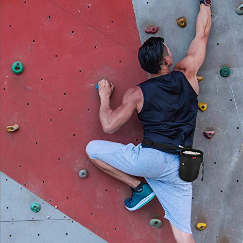 Rhino Valley Black Chalk Bag with Drawstring, Belt Clip & Zipper Pocket – No Leak, Climbing & CrossFit