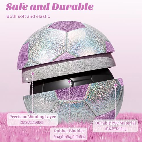 OKWUYiK Glitter Purple-Silver Soccer Ball Size 4 with Pump, ages 6-8