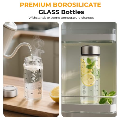 Sursip 12oz Clear Wide Mouth Borosilicate Glass Juice Bottles - 4 Pack with Leakproof Lids