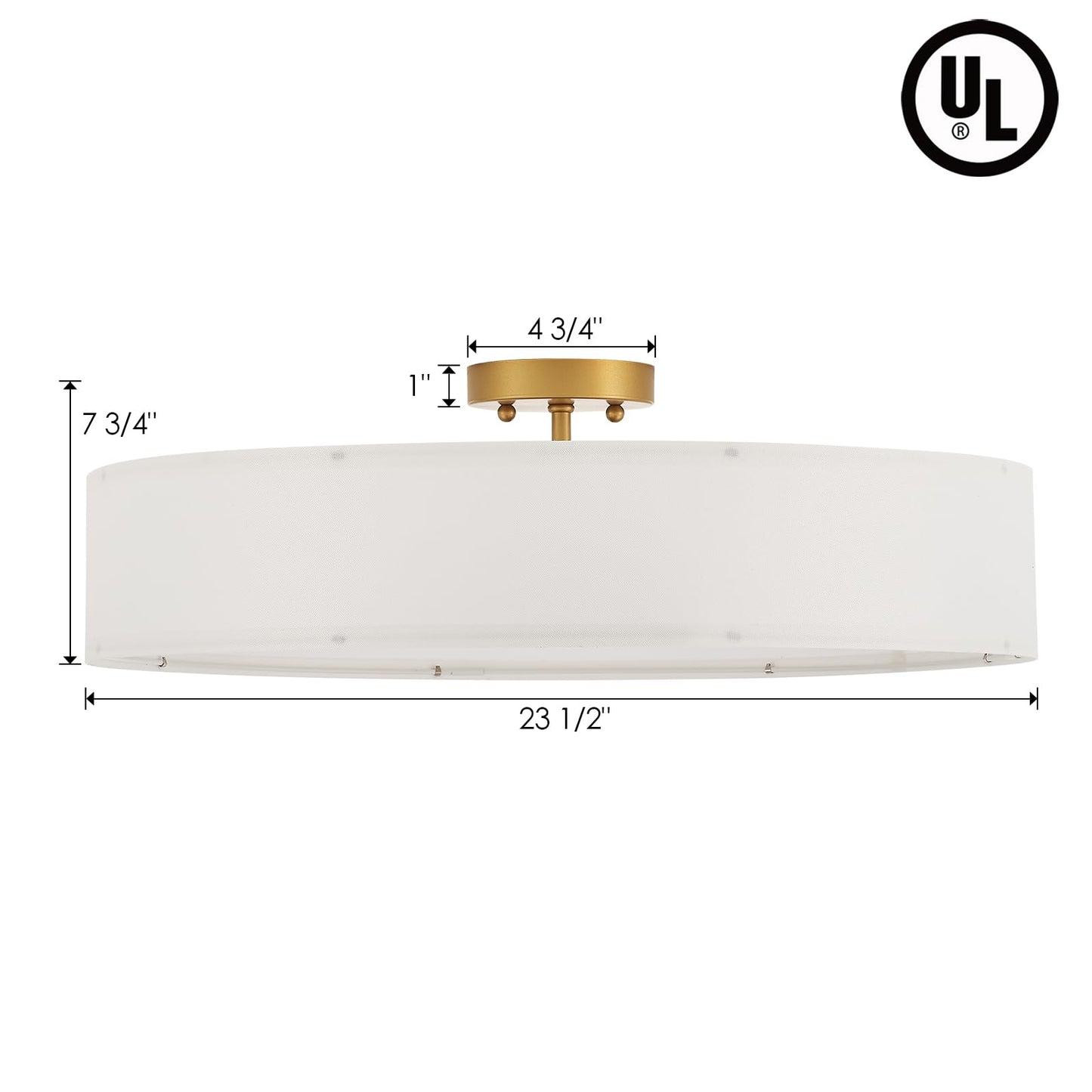 VILUXY Gold Semi-Flush Mount Ceiling Light Fixture with 24" Large White Fabric Drum Shade 5-Light for Bedroom Dining Room Entryway Round Ceiling Lamps