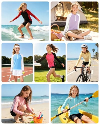 Rash Guard for Girls - UPF 50+ UV Protection Swim Shirt, Zip Up, Long Sleeve - Purple/White, 13-14 Years