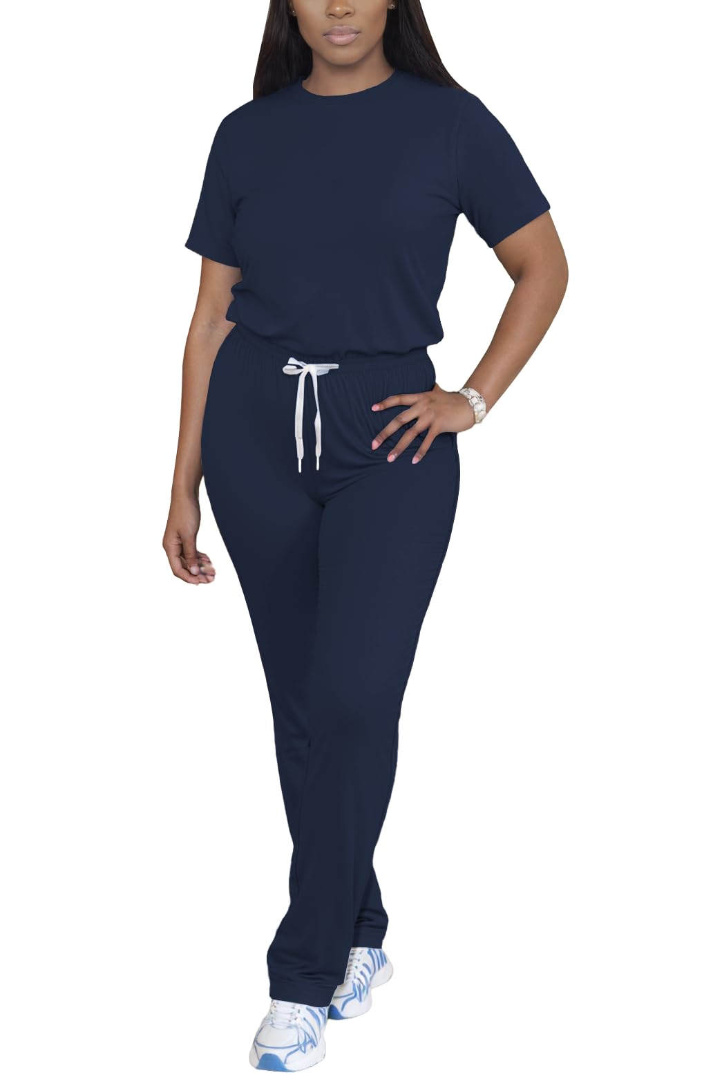PINSV Women 2 Piece Outfits Short Sleeve Tops and Long Pants Tracksuit Workout Lounge Sets Navy Blue XL