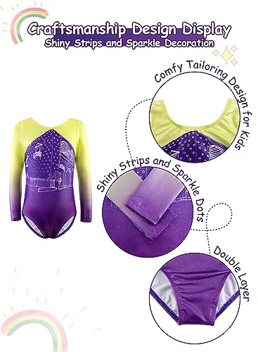 Gymnastics Leotards for Girls - Long Sleeve Unitards with Sparkle - Purple 5-6 Years