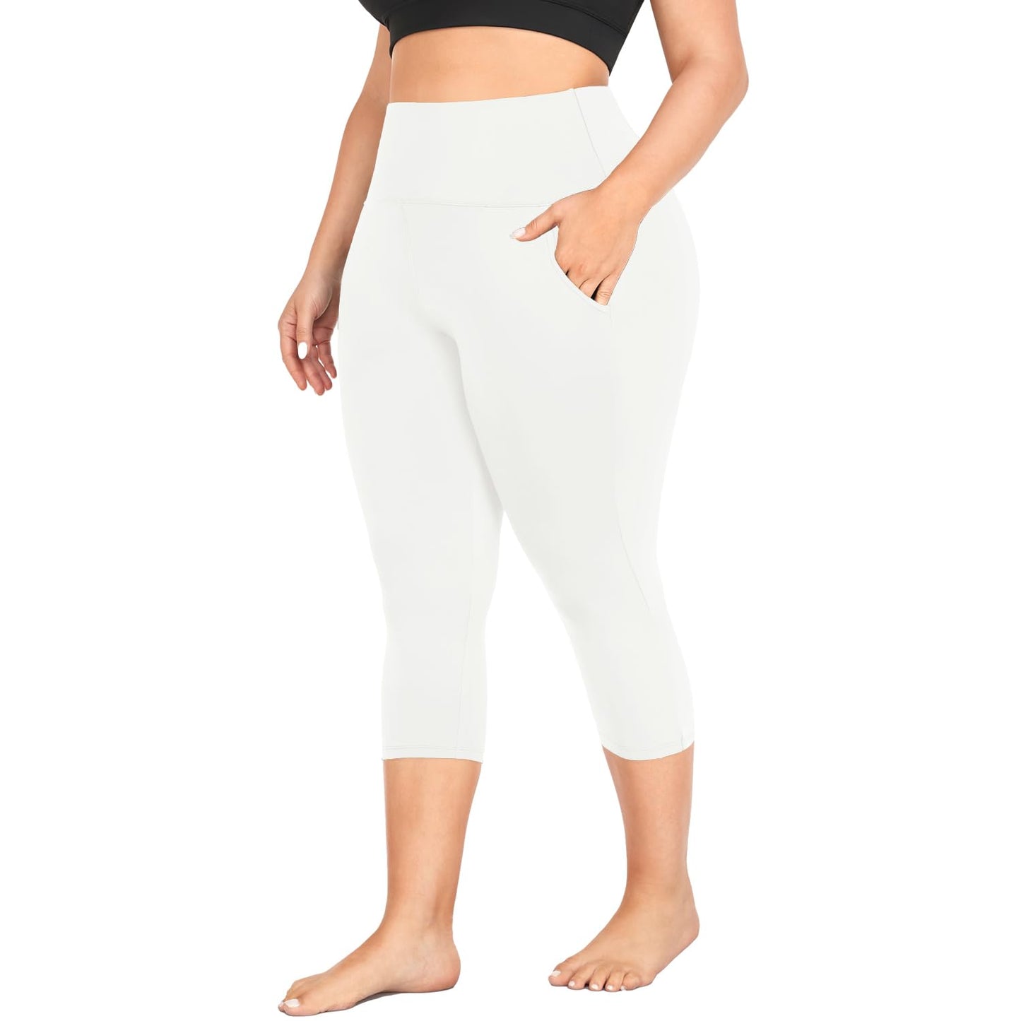 MOREFEEL Capri Plus Size Leggings for Women with Pockets-Stretchy XL-4XL Tummy Control High Waist Workout White Yoga Pants