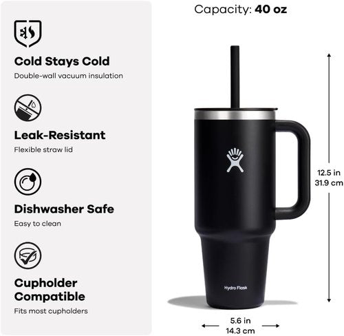 Hydro Flask Travel Tumbler - Insulated Stainless Steel with Handle, Lid & Straw | 40 Oz Tonal Trillium Pink