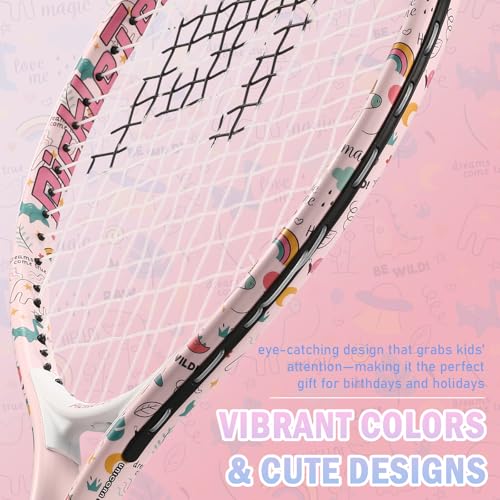 Kids Tennis Racket for Baby Girls & Boys - 17 inch Toddler Tennis Racket, Includes 420D Nylon Shoulder Strap Bag (Unicorn Pink)