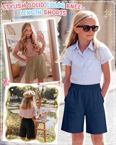 Girls Bermuda Long Shorts - 3 Pack, Dusty Blue+Khaki+Black, Ages 5-14
