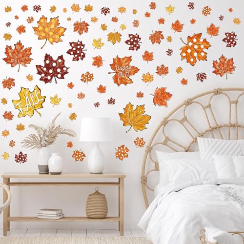 Fall Wall Stickers Maple Leaves Oil Painting Wall Decals Autumn Room Mural Stickers for Thanksgiving Home School Office Party Decor, 7.9 x 11.8 Inch, 9 Sheets