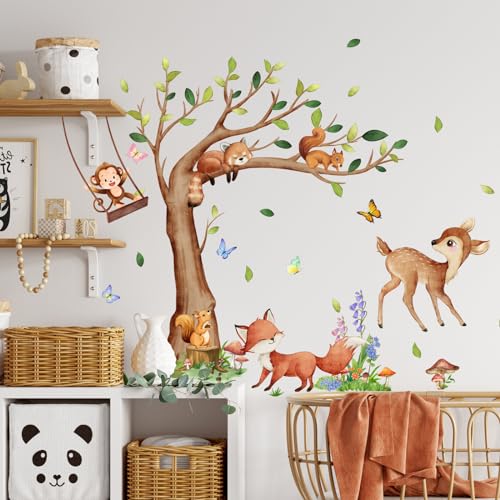 Runtoo Forest Baby Animals Wall Art Decals Jungle Tree Wall Stickers Nursery Kids Room Classroom Wall Decor Birthday Decoration