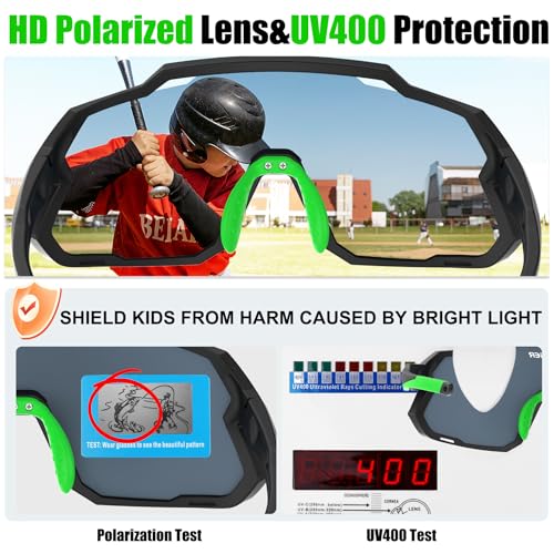 Kids Polarized Baseball Sunglasses - UV400, Lightweight, Black Green