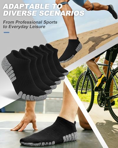 Men's Ankle Athletic Running Socks - Cushioned, 6 Pairs, Z-Black (Size 8-12)