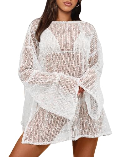 Gleeneat Women's White Large Crochet Cover Up Dress for Beach & Swim