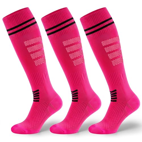 Kids and Adults Soccer Socks 3 Pack Over Calf Athletic Football Sport Socks - Hot Pink Medium