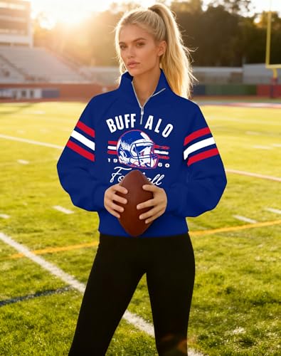 BANGELY Women's Blue Football Game Day Cropped Quarter Zip Sweatshirt - Medium