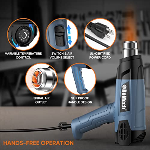 ROMECH 1500W Heavy Duty Heat Gun, Variable Temperature Control Hot Air Gun Kit with 2 Air Flow 120¡ÆF~1200¡ÆF and 4 Nozzles for Crafts Shrink Wrap (Blue)