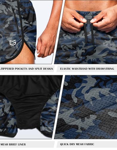 G Gradual Men's Running Shorts 3 inch with Zipper Pockets, Large Blue Grey Camo