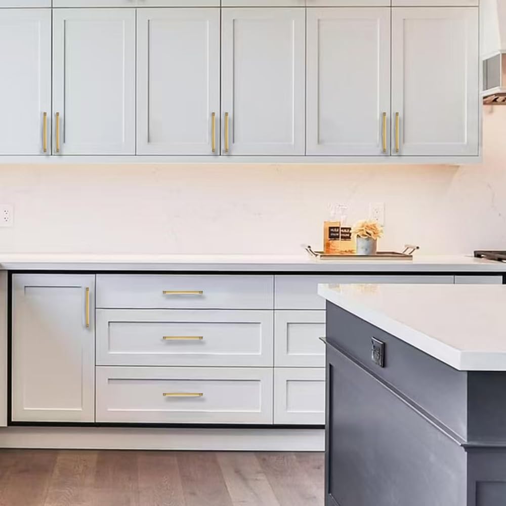 khtumeware 2-Pack 4 Inch Square Brushed Gold Cabinet Pulls, Solid Satin Gold Zinc Alloy Heavy-Duty Handles for Kitchen/Bathroom Cabinets, Drawers & Cupboards (4 Inch Center to Center)