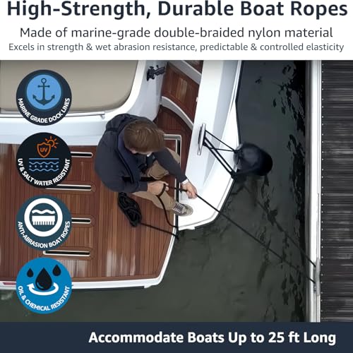 PACTHSD 3/8" x 20' Dock Lines (Pack of 2) - Double Braided Nylon Boat Rope with 12" Eyelet
