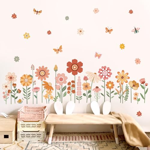 decalmile Boho Flower Wall Decals for Kids Garden Floral Daisy Butterfly Wall Stickers Baby Nursery Girls Bedroom Kids Room Wall Decor