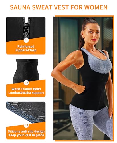 Sauna Vest for Women - Zipper Waist Trainer Shapewear, Blue Lining, Large