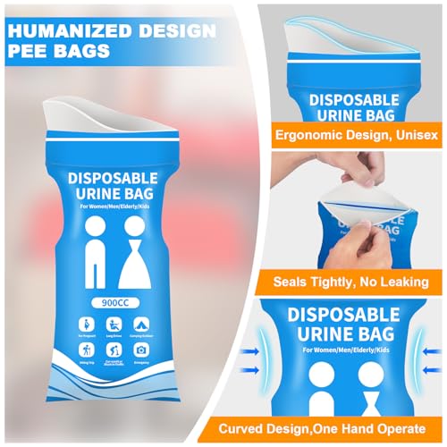 Disposable Urine Bags 900ml - Leakproof Pee & Vomit Bags for Travel - Blue, 12 Pack