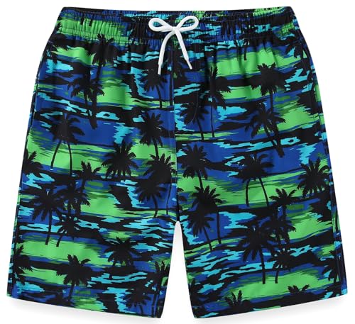 SeaKKO Boys Rash Guard Swim Set with Trunks - Blue Palm Tree, Size 4-16, Quick Dry