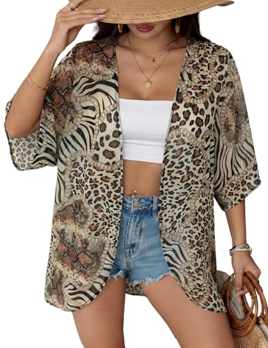 Floral Beach Cover Up Kimono Cardigan - Leopard Zebra, Large
