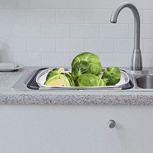 Over the Sink Colander Stainless Steel with Expandable Rubber Handles, Fine Mesh Strainer for Fruits & Vegetables