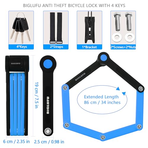 BIGLUFU Blue Folding Bike Lock 86cm with 4 Keys, Heavy-Duty Alloy, Mount & Straps